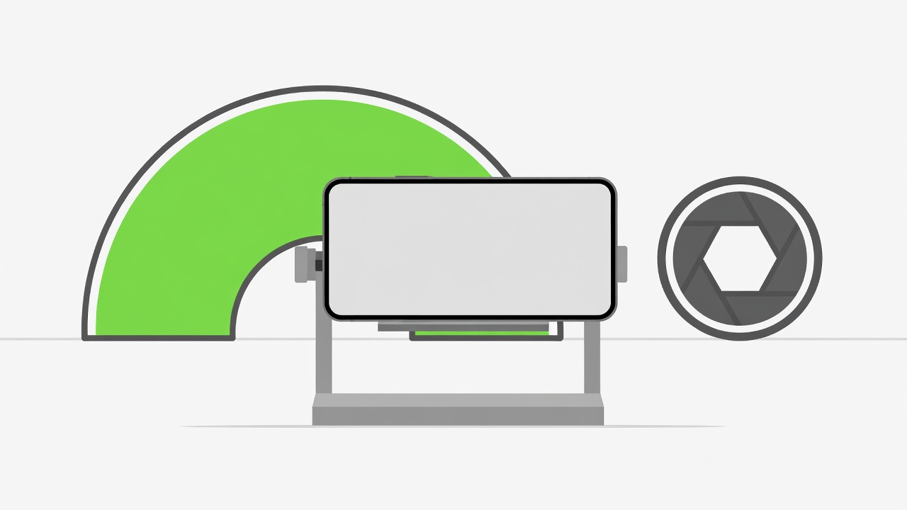 Flat vector illustration of a smartphone on a test stand with a large lime battery gauge on one side and a camera aperture icon on the other