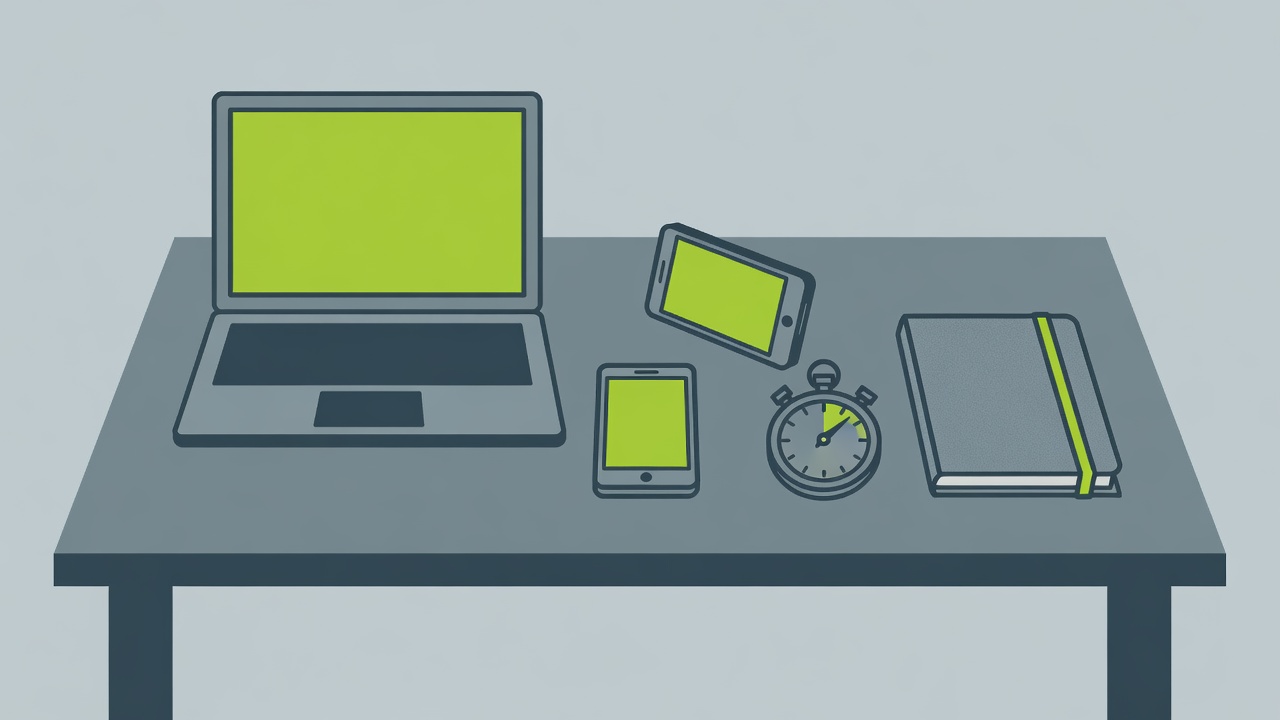 Flat vector illustration of a test desk with a laptop, two phones, a stopwatch and a notebook in slate and lime colours