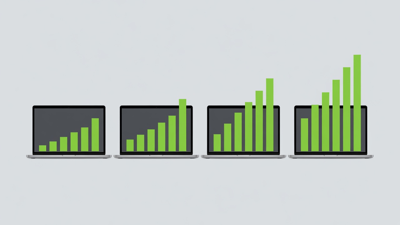 Flat vector illustration of four open laptops side by side with lime performance bars rising above each screen