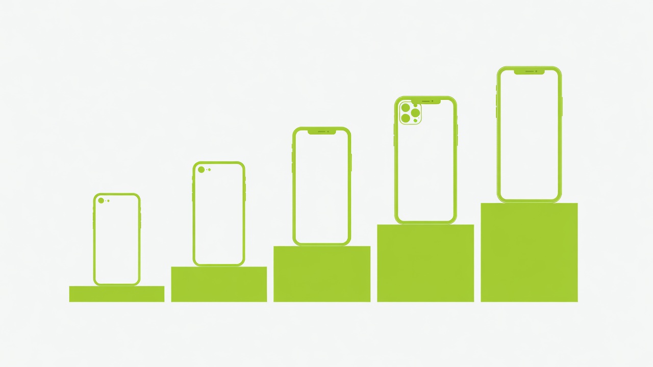 Flat vector illustration of five smartphones lined up from small to large, each on a lime price-tier step