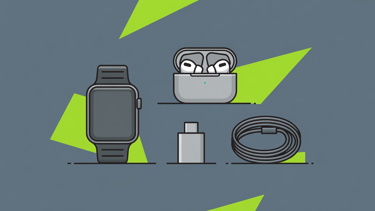 Flat vector illustration of a smartwatch, an open earbuds case, a compact USB-C charger and a coiled cable on a slate background with lime accents